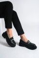 LILA Bağcıksız Ortopedik Taban Taş Detaylı Oxford Loafer Makosen Kadın Ayakkabı ST Siyah