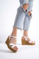 SOFIA Tokalı Lastikli Dolgu Topuklu Ortopedik Taban Hasır Görünümlü Kadın Sandalet KT Beyaz