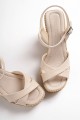SOFIA Tokalı Lastikli Dolgu Topuklu Ortopedik Taban Hasır Görünümlü Kadın Sandalet KT Ten